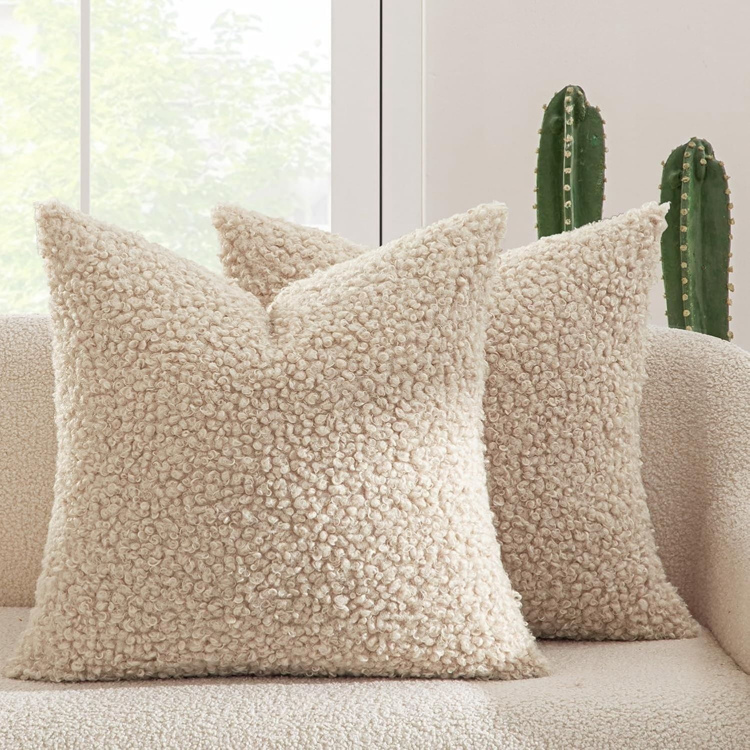 Pack of 2 Faux Fur Throw Pillow Covers 20x20 Inch Neutral Oatmeal ...