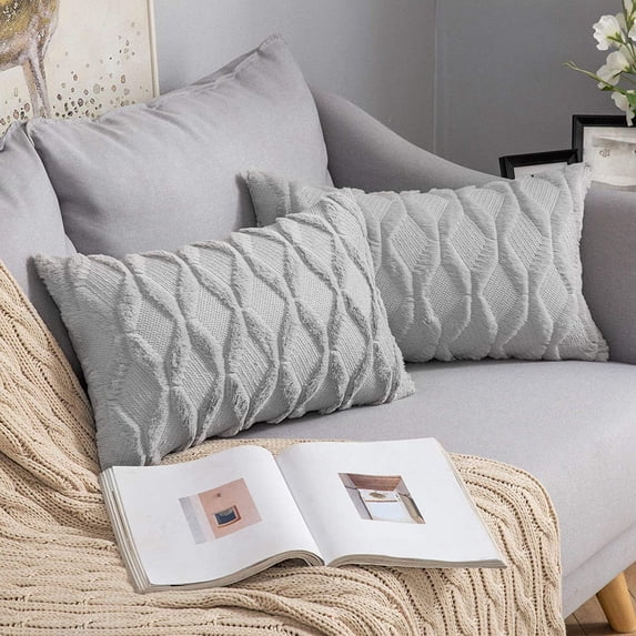 Pack of 2 Faux Wool Throw Pillow Covers 12x20 Inches Soft Couch Cushion Cover with Velvet Decorative Cushion Cover for Living Room, Bedroom,Car,Office (Light Grey)