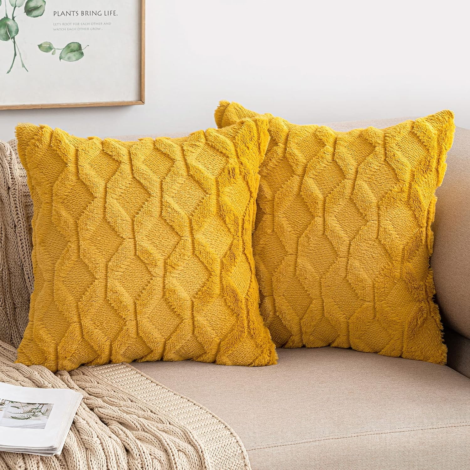 Pack of 2 Faux Wool Throw Pillow Covers 16x16 Inches Soft Couch Cushion Cover with Velvet Decorative Cushion Cover for Living Room Bedroom Car Office Ginger Yellow Walmart