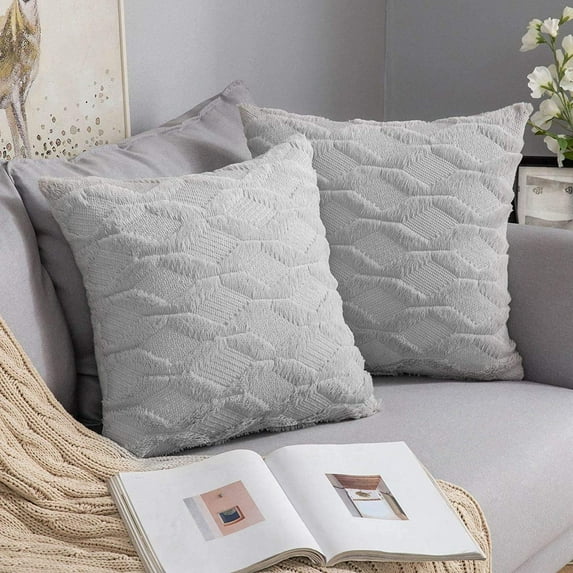 Pack of 2 Faux Wool Throw Pillow Covers 20x20 Inches Soft Couch Cushion Cover with Velvet Decorative Cushion Cover for Living Room, Bedroom,Car,Office (Light Grey)