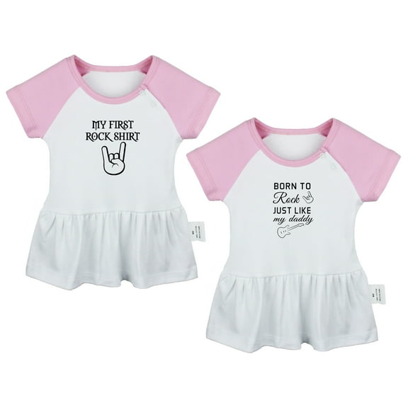 Pack of 2, My First Rock Shirt & Born to Rock just like my daddy Funny Dresses For Baby, Newborn Babies Skirts, Infant Princess Dress, Toddler Frocks (Pink Raglan Dresses, 0-6 Months)