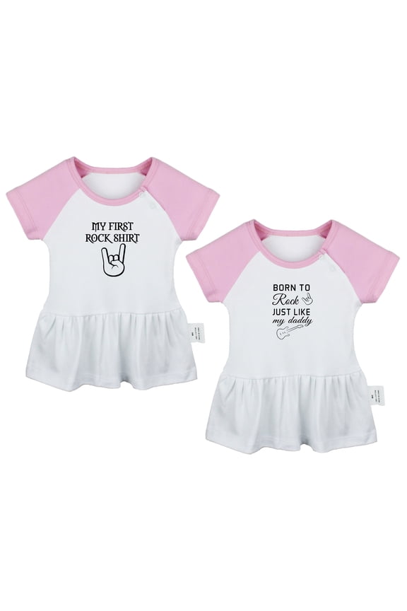 Pack of 2, My First Rock Shirt & Born to Rock just like my daddy Funny Dresses For Baby, Newborn Babies Skirts, Infant Princess Dress, Toddler Frocks (Pink Raglan Dresses, 0-6 Months)