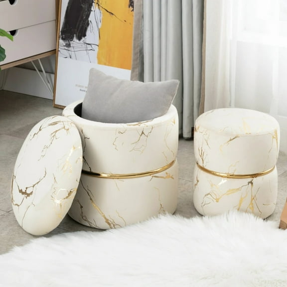 Pack Of 2 Gray Round Bronzing Storage Ottoman, Modern Velvet Upholstered, Luxurious Poufs As Sofa Footrest For Living Room & Makeup Vanity Stool For Bedroom, Room Decor