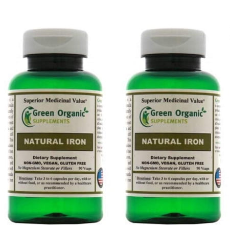 (Pack-2) Green Organic Supplements' Iron, 2000mg Organic Iron Capsules, 180 VCaps, Hand Made, Vegan, Non-GMO, & Gluten Free Natural Iron Capsules