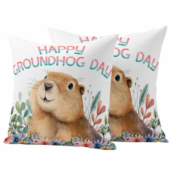 Pack of 2 Ground Rat Flower Bushes Rustic Leaves Outdoor Pillow Covers Decorative, Waterproof Pillow Protector, Happy Groundhog Day Throw Pillowcases Accent Cushion Cases for Patio Couch Sofa 16"x16"