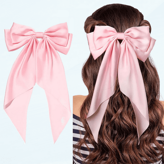 Pack of 2 Hair Bows Clips for Women Girls Large Pink Bow Barrette Clips Soft Satin Silky Bowknot with long Ribbon Tail for Wedding Prom Costume Party Daily Outfits