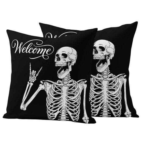 Pack of 2 Halloween Skeleton Outdoor Pillow Covers Decorative, Waterproof Pillow Protector, Fall Spooky Horror Skull Black Throw Pillowcases Accent Cushion Cases for Patio Couch Sofa 18"x18"