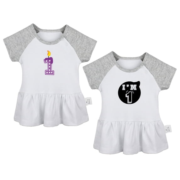 Pack of 2, Happy First Birthday & I'm 1 Funny Dresses For Baby, Newborn Babies Skirts, Infant Princess Dress, Toddler Frocks (Gray Raglan Dresses, 12-18 Months)