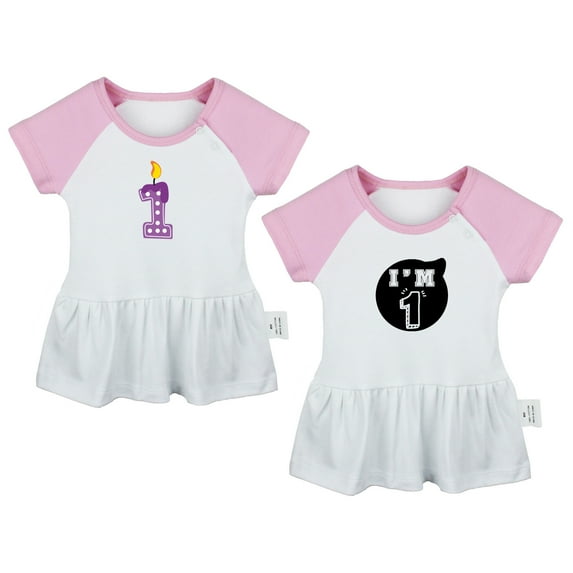 Pack of 2, Happy First Birthday & I'm 1 Funny Dresses For Baby, Newborn Babies Skirts, Infant Princess Dress, Toddler Frocks (Pink Raglan Dresses, 6-12 Months)