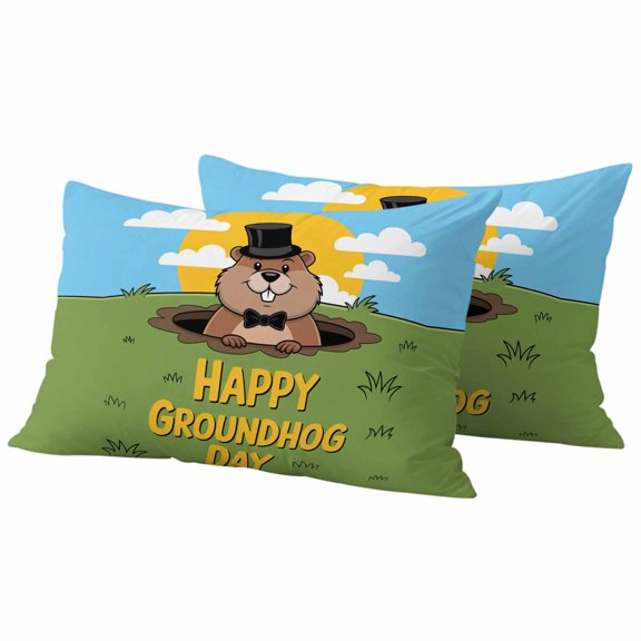 Pack of 2 Happy Groundhog Day Outdoor Pillow Covers Decorative, Waterproof Pillow Protector, Cartoon Ground Hog Grass Sun Sky Blue Lumbar Throw Pillowcases for Patio Couch Sofa Home Decor 20"x12"