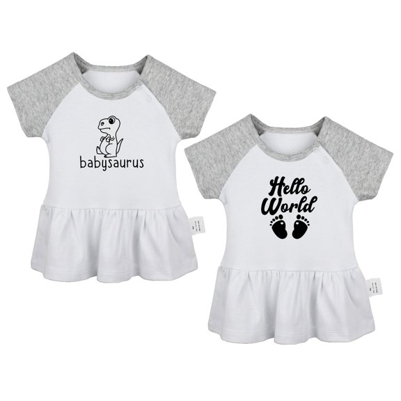 Pack of 2, Hello World Pregnancy Announcement & Babysaurus Novelty Dresses For Baby, Newborn Babies Skirts, Infant Princess Dress, Toddler Frocks (Gray Raglan Dresses, 0-6 Months)