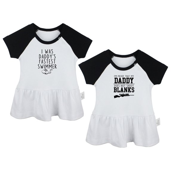Pack of 2, I was Daddy's Fastest Swimmer & I'm Proof That My Daddy Does Not Shot Blanks Funny Dresses, Newborn Baby Skirts, Infant Princess Dress, Toddler Frocks (Black Raglan Dresses, 0-6 Months)