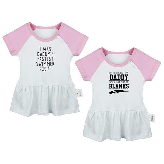 Pack of 2, I was Daddy's Fastest Swimmer & I'm Proof That My Daddy Does Not Shot Blanks Funny Dresses, Newborn Baby Skirts, Infant Princess Dress, Toddler Frocks (Pink Raglan Dresses, 0-6 Months)