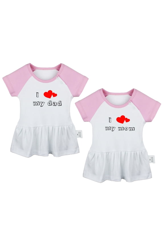 Pack of 2, I Love My Dad & I Love My Mom Funny Dresses For Baby, Newborn Babies Skirts, Infant Princess Dress, Toddler Frocks (Pink Raglan Dresses, 12-18 Months)