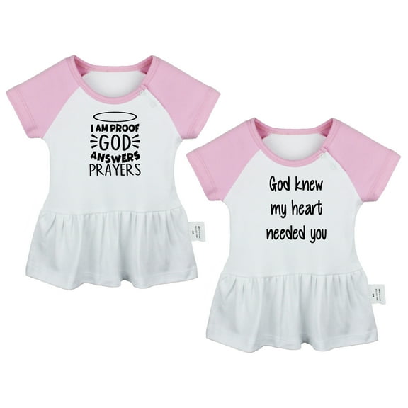 Pack of 2, I am Proof God Answers Prayers & God Knew My Heart Needed You Funny Dresses For Baby, Newborn Babies Skirts, Infant Princess Dress, Toddler Frocks (Pink Raglan Dresses, 0-6 Months)