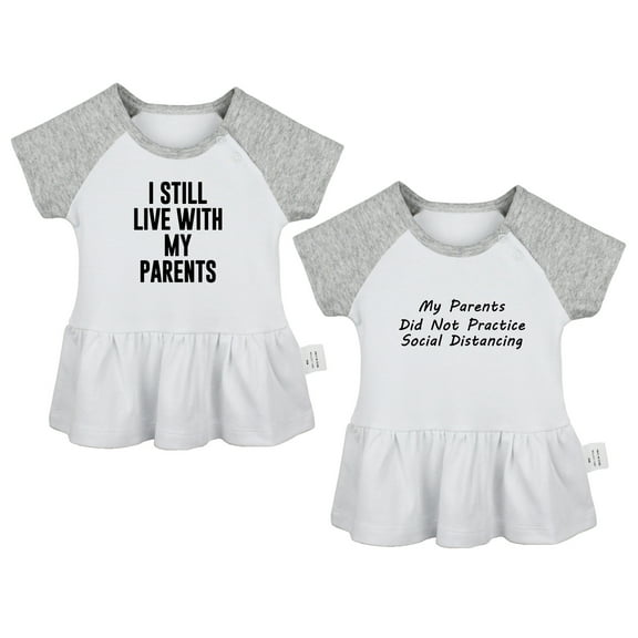 Pack of 2, I Still Live with My Parents & My Parents Did Not Practice Social Distancing Funny Dresses, Newborn Baby Skirts, Infant Princess Dress, Toddler Frocks (Gray Raglan Dresses, 0-6 Months)