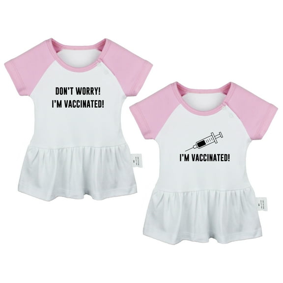Pack of 2, I'm Vaccinated & Don't Worry I'm Vaccinated Funny Dresses For Baby, Newborn Babies Skirts, Infant Princess Dress, Toddler Frocks (Pink Raglan Dresses, 0-6 Months)