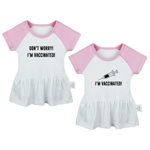 Pack of 2, I'm Vaccinated & Don't Worry I'm Vaccinated Funny Dresses For Baby, Newborn Babies Skirts, Infant Princess Dress, Toddler Frocks (Pink Raglan Dresses, 0-6 Months)
