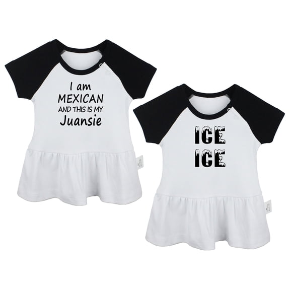 Pack of 2, Ice Ice & I Am Mexican and This is My Juansie Funny Dresses For Baby, Newborn Babies Skirts, Infant Princess Dress, Toddler Frocks (Black Raglan Dresses, 12-18 Months)