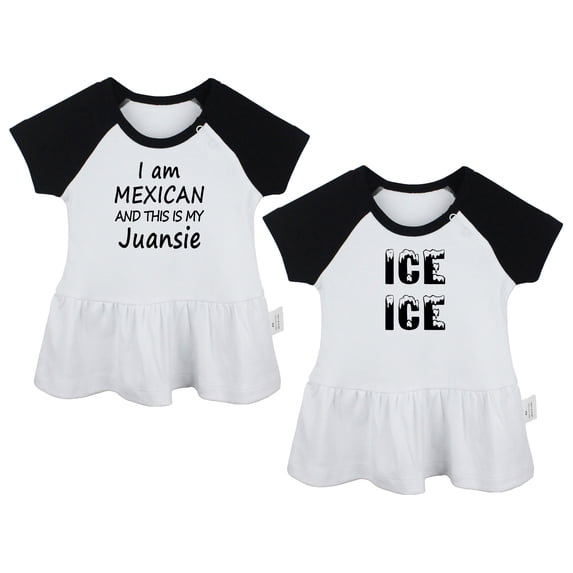 Pack of 2, Ice Ice & I Am Mexican and This is My Juansie Funny Dresses For Baby, Newborn Babies Skirts, Infant Princess Dress, Toddler Frocks (Black Raglan Dresses, 12-18 Months)