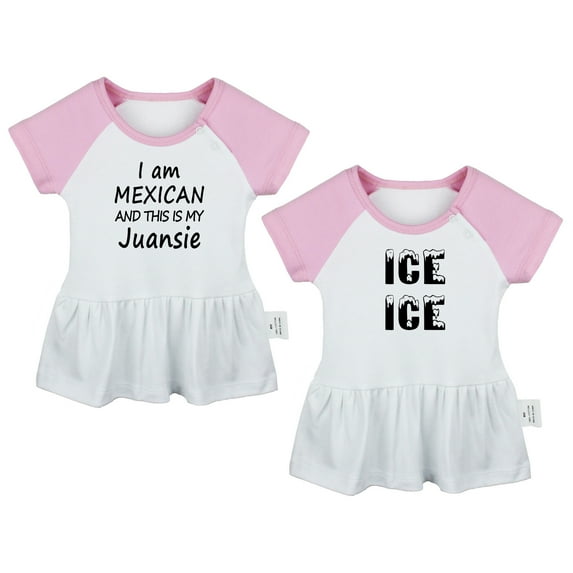 Pack of 2, Ice Ice & I Am Mexican and This is My Juansie Funny Dresses For Baby, Newborn Babies Skirts, Infant Princess Dress, Toddler Frocks (Pink Raglan Dresses, 12-18 Months)