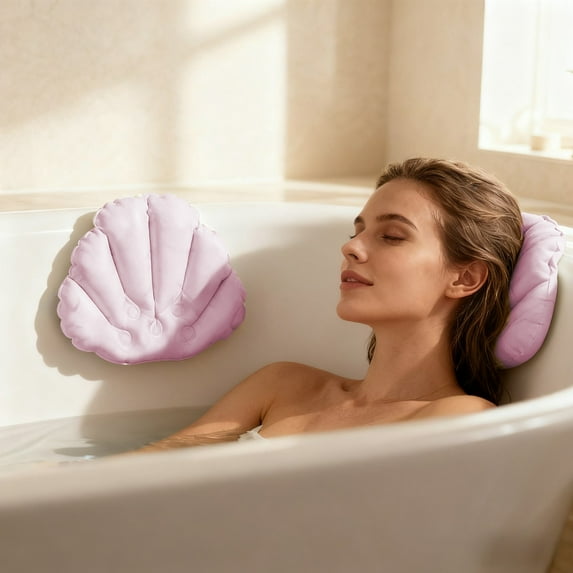 Pack of 2 Inflatable Seashell Bathtub Pillows | Soft Spa Headrest with Strong Suction Cups | Comfortable Bath Support for Neck & Head | Foldable & Portable for Travel | White Blue Pink