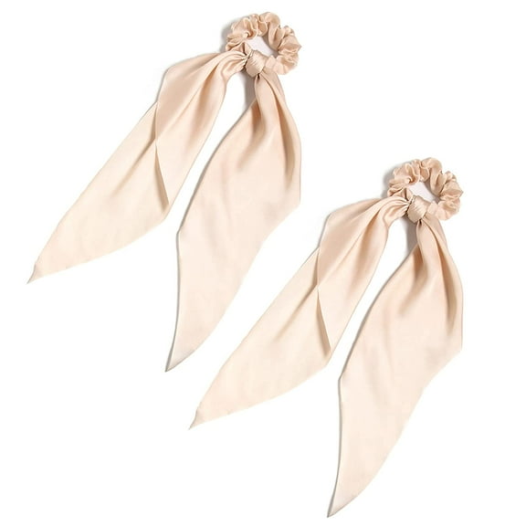Pack of 2 Knotted Bow Hair Scrunchies Elastic Hair Scarf Black Hair Ties Bands Satin Hair Ribbon Scrunchy Red Ponytail Holder for Women and Girls (Beige)