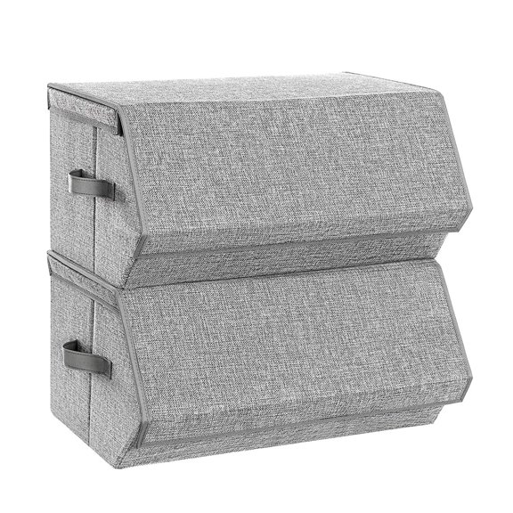 Pack 2 Large Stackable Bins, Cubes with Lids, Storage Organizers with Linen and Oxford Fabric for Kids Toys, Clothes, and Documents