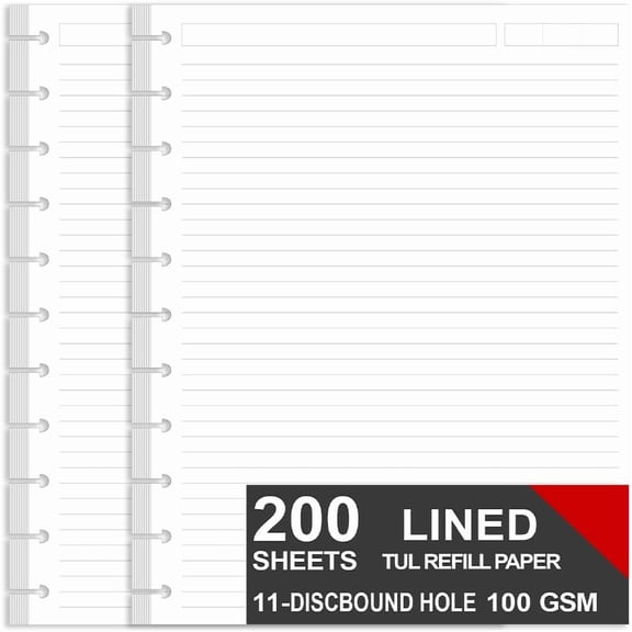 (Pack of 2) Letter Size Discbound Refill Paper, Disc Paper Refill for TUL Custom Note-Taking System Discbound Planner Inserts, 200 Sheets/400 Pages, White Discbound Paper, Arc Paper Refill 8.5 x 11