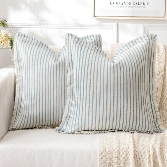 Pack of 2 Light Blue Pillow Covers 24x24 Inch Striped Farmhouse Couch Throw Pillow Covers with Fringe Chic Cotton Decorative Cushion Eruo Sham for Sofa Living Room Bed Outdoor Home Decor