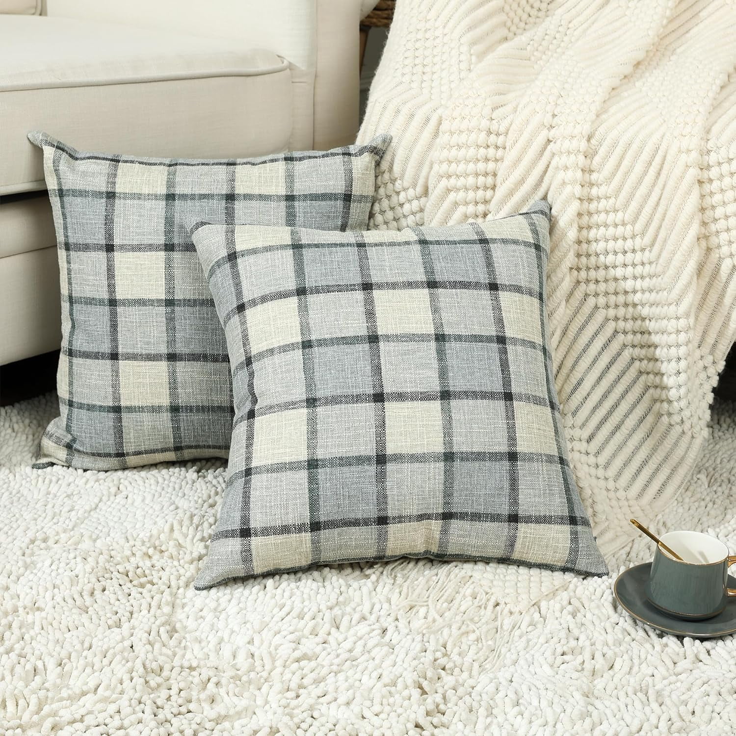 Pack of 2 Lumbar Linen Buffalo Check Throw Pillow Covers Farmhouse