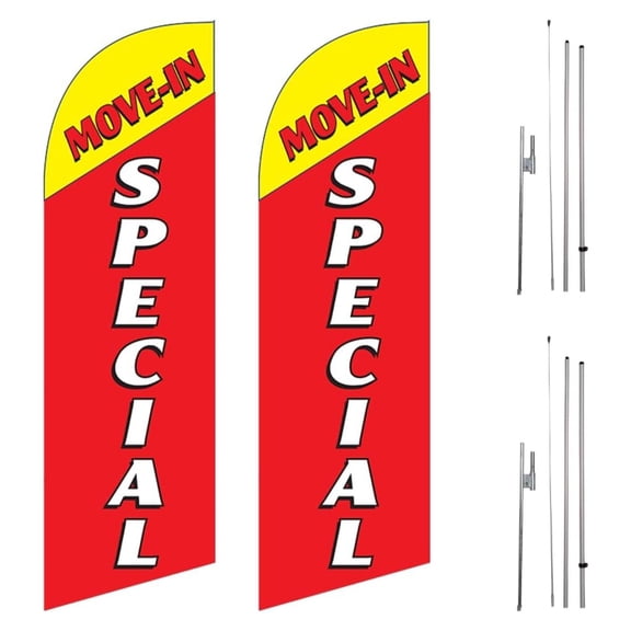 Pack-2 MOVE-IN SPECIAL 6ft Flags Outdoor Signs with complete 8ft poles Kit, Pack Includes 2 Flags and 2 Poles Kit with 2 Ground Stakes (Red)