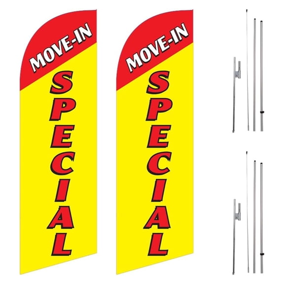 Pack-2 MOVE-IN SPECIAL 6ft Flags Outdoor Signs with complete 8ft poles Kit, Pack Includes 2 Flags and 2 Poles Kit with 2 Ground Stakes (Yellow)