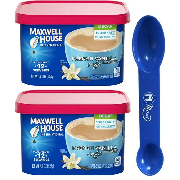 (Pack of 2) Maxwell House International Sugar-Free French Vanilla Caf-Style Decaf Instant Coffee Beverage Mix, 4.3 Oz. Canisters (2in1 Miras Trademark Measuring Spoon Included)