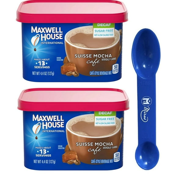 (Pack of 2) Maxwell House International Sugar-Free Suisse Mocha Caf-Style Decaf Instant Coffee Beverage Mix 4.4 OZ  (2in1 Miras Trademark Measuring Spoon Included)