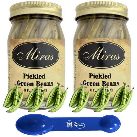 (Pack of 2) Miras Pickled Green Beans Crunchy & Fresh Pickled Green Beans Perfect Snack & Garnish 16 oz Glass Jars (2in1) Miras Trademark Measuring Spoon Included)