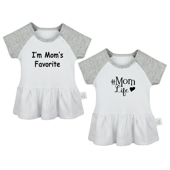 Pack of 2, Mom Life & I'm Mom's Favorite Funny Dresses For Baby, Newborn Babies Skirts, Infant Princess Dress, Toddler Frocks (Gray Raglan Dresses, 0-6 Months)