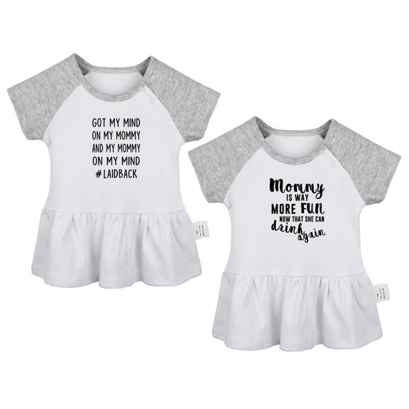 Pack of 2, Mommy Is Way More Fun Now That She Can Drink Again & Got My Mind On My Mommy Funny Dresses, Newborn Baby Skirts, Infant Princess Dress, Toddler Frocks (Gray Raglan Dresses, 12-18 Months)