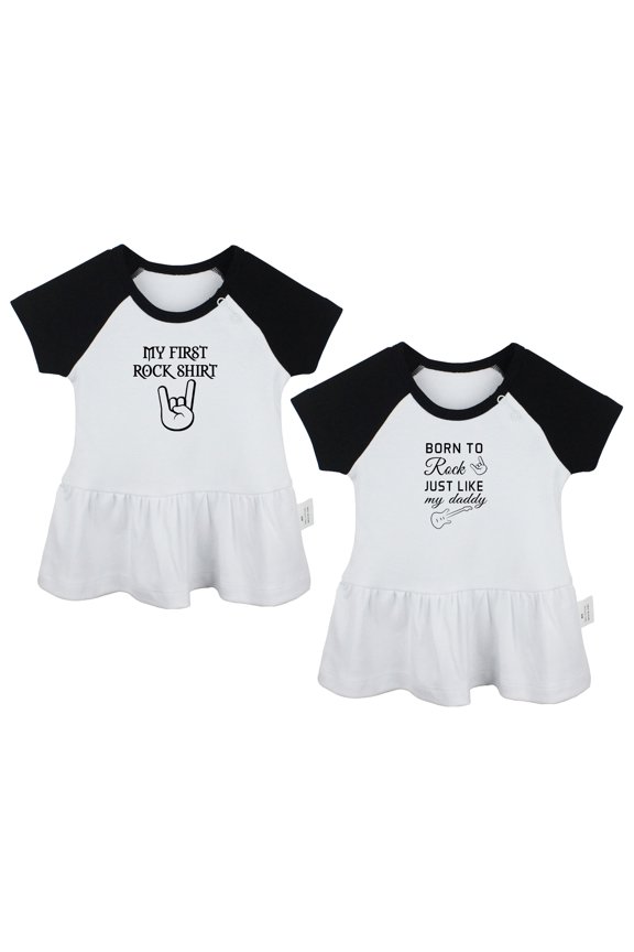 Pack of 2, My First Rock Shirt & Born to Rock just like my daddy Funny Dresses For Baby, Newborn Babies Skirts, Infant Princess Dress, Toddler Frocks (Black Raglan Dresses, 0-6 Months)