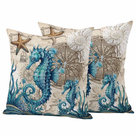 Pack of 2 Nautical Coastal Outdoor Pillow Covers Decorative, Waterproof Pillow Protector, Retro Marine Life Seahorse Compass Map Beige Throw Pillowcases Accent Cushion Cases for Patio Couch 16"x16"