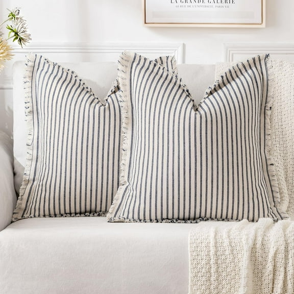Pack of 2 Navy Blue Pillow Covers 18x18 Inch Striped Farmhouse Couch Throw Pillow Covers with Fringe Chic Linen Decorative Cushion Covers for Sofa Living Room Bed Outdoor Home Decor