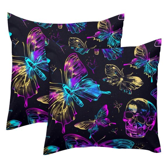 Pack of 2 Neon Butterfly and Skull Pattern Throw Pillow Covers 20x20 Inch, Square Farmhouse Pillowcase, Velvet Cushion Case for Sofa Bedroom Home Decor