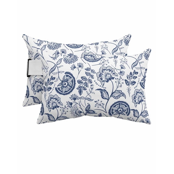 Pack of 2 Outdoor Lumbar Pillow Covers 11x16 Inch, Boho Blue Floral Waterproof Throw Pillow Covers Set, Vintage Farmhouse Paisley Plant Leaf Decorative Cushion Cases for Patio Porch Car