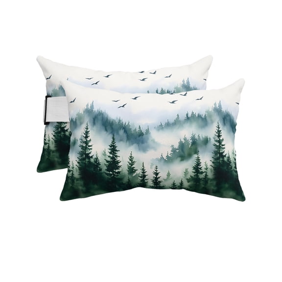 Pack of 2 Outdoor Lumbar Pillow Covers 11x16 Inch, Ink Green Forest Waterproof Throw Pillow Covers Set, Watercolor Modern Mountain Indoor&Outdoor Decorative Cushion Cases for Patio Porch Car