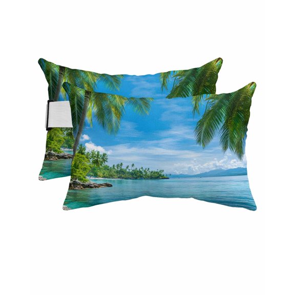 Pack of 2 Outdoor Lumbar Pillow Covers 11x16 Inch, Ocean Waterproof Throw Pillow Covers Set, Blue Sky Palm Tree Beach Scenery Forest Shore Indoor&Outdoor Decorative Cushion Cases for Patio Porch Car