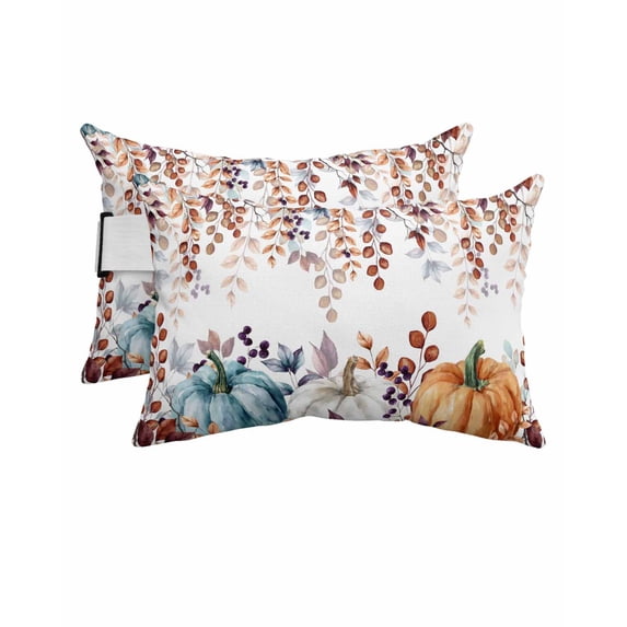 Pack of 2 Outdoor Lumbar Pillow Covers 11x16 Inch, Orange Blue Pumpkin Fall Waterproof Throw Pillow Covers Set, Thanksgiving Maple Leaf Indoor&Outdoor Decorative Cushion Cases for Patio Porch Car