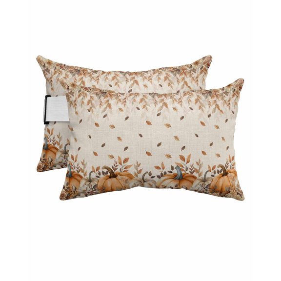 Pack of 2 Outdoor Lumbar Pillow Covers 11x16 Inch, Orange Pumpkins Fall Waterproof Throw Pillow Covers Set, Thanksgiving Leaves Floral Rustic Decorative Cushion Cases for Patio Porch Car
