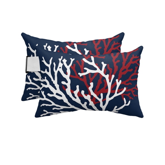Pack of 2 Outdoor Lumbar Pillow Covers 11x16 Inch, Red White Coral Waterproof Throw Pillow Covers Set, Summer Ocean Nautical Coastal Navy Blue Decorative Cushion Cases for Patio Porch Car