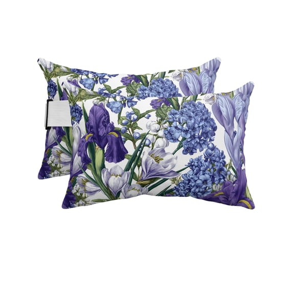 Pack of 2 Outdoor Lumbar Pillow Covers 11x16 Inch, Spring Flowers Waterproof Throw Pillow Covers Set, Purple Hydrangea Orchid Floral Country Decorative Cushion Cases for Patio Porch Car