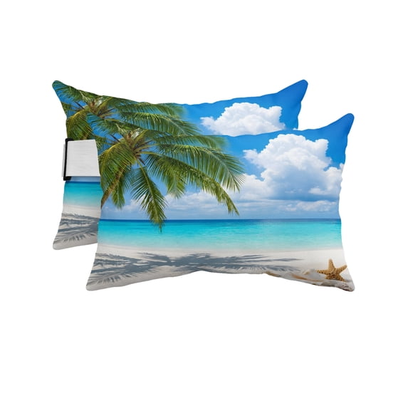 Pack of 2 Outdoor Lumbar Pillow Covers 11x16 Inch, Summer Beach Waterproof Throw Pillow Covers Set, Tropical Coastal Palm Tree Starfish Conch Decorative Cushion Cases for Patio Porch Car